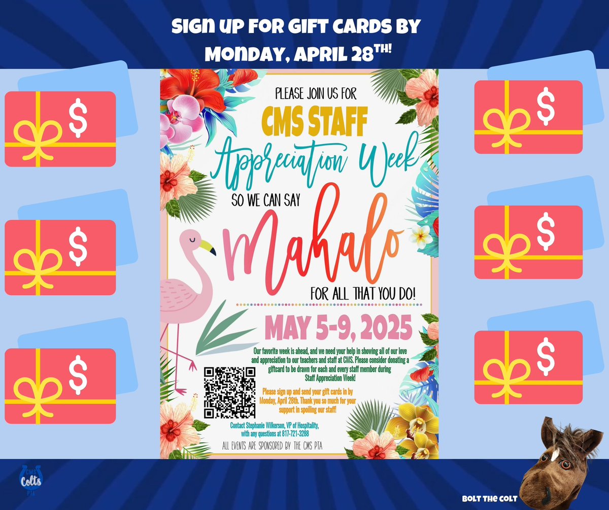 Please consider donating a giftcard to be drawn for each and every staff member during Staff Appreciation Week!🎁

Please sign up and send your gift cards in by Monday, April 28th. 

Thank you so much for your support in spoiling our staff!