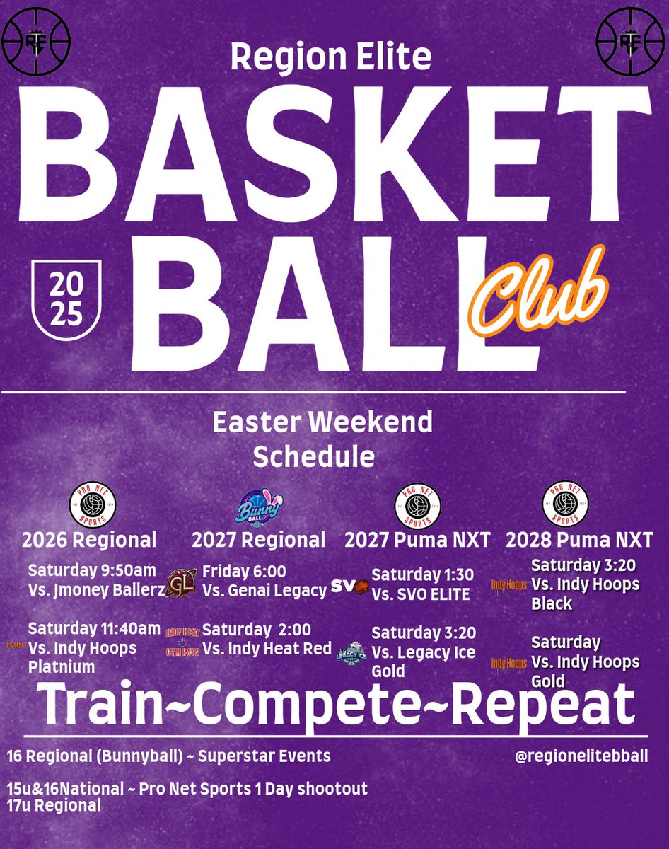 Region Elite Basketball Club (@regionelitein) on Twitter photo Catch our REBC teams this weekend!!! In both Fishers & Mishawaka!! Both 2027 & 2028 PUMA NXT will be in action preparing for Lebanon a week to follow
<a href="/HankampScott/">Scott Hankamp</a> <a href="/EthanAHanson/">Ethan Hanson</a> <a href="/Uorangemen2/">Coach Davis Sr, 25yrs plus experience</a> <a href="/CourtsideIND/">Courtside Indiana</a> <a href="/PRO16League/">PRO16/NXTPRO League</a> <a href="/PrepHoopsIN/">Prep Hoops Indiana</a> <a href="/ZT17Hoops/">Zak Tyler</a> <a href="/MattReynolds___/">Matt Reynolds</a> <a href="/BRamseyKSR/">Brandon Ramsey</a> Catch our REBC teams this weekend!!! In both Fishers & Mishawaka!! Both 2027 & 2028 PUMA NXT will be in action preparing for Lebanon a week to follow
<a href="/HankampScott/">Scott Hankamp</a> <a href="/EthanAHanson/">Ethan Hanson</a> <a href="/Uorangemen2/">Coach Davis Sr, 25yrs plus experience</a> <a href="/CourtsideIND/">Courtside Indiana</a> <a href="/PRO16League/">PRO16/NXTPRO League</a> <a href="/PrepHoopsIN/">Prep Hoops Indiana</a> <a href="/ZT17Hoops/">Zak Tyler</a> <a href="/MattReynolds___/">Matt Reynolds</a> <a href="/BRamseyKSR/">Brandon Ramsey</a>