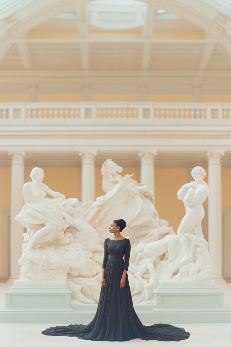 yobeethov's tweet photo. Create a photorealistic full body image of a classy African-American woman in an elegant gala gown, captured from head to toe. She stands gracefully in a museum, positioned confidently in front of a Roman-era marble sculpture with intricate classical details. The photograph is taken with a high-resolution DSLR using a 50mm prime lens to achieve a shallow depth of field, with soft, ambient lighting that accentuates the textures of the gown and sculpture. The overall composition exudes timeless elegance and cultural sophistication --ar 2:3 --v 6.1 --profile y8p158m