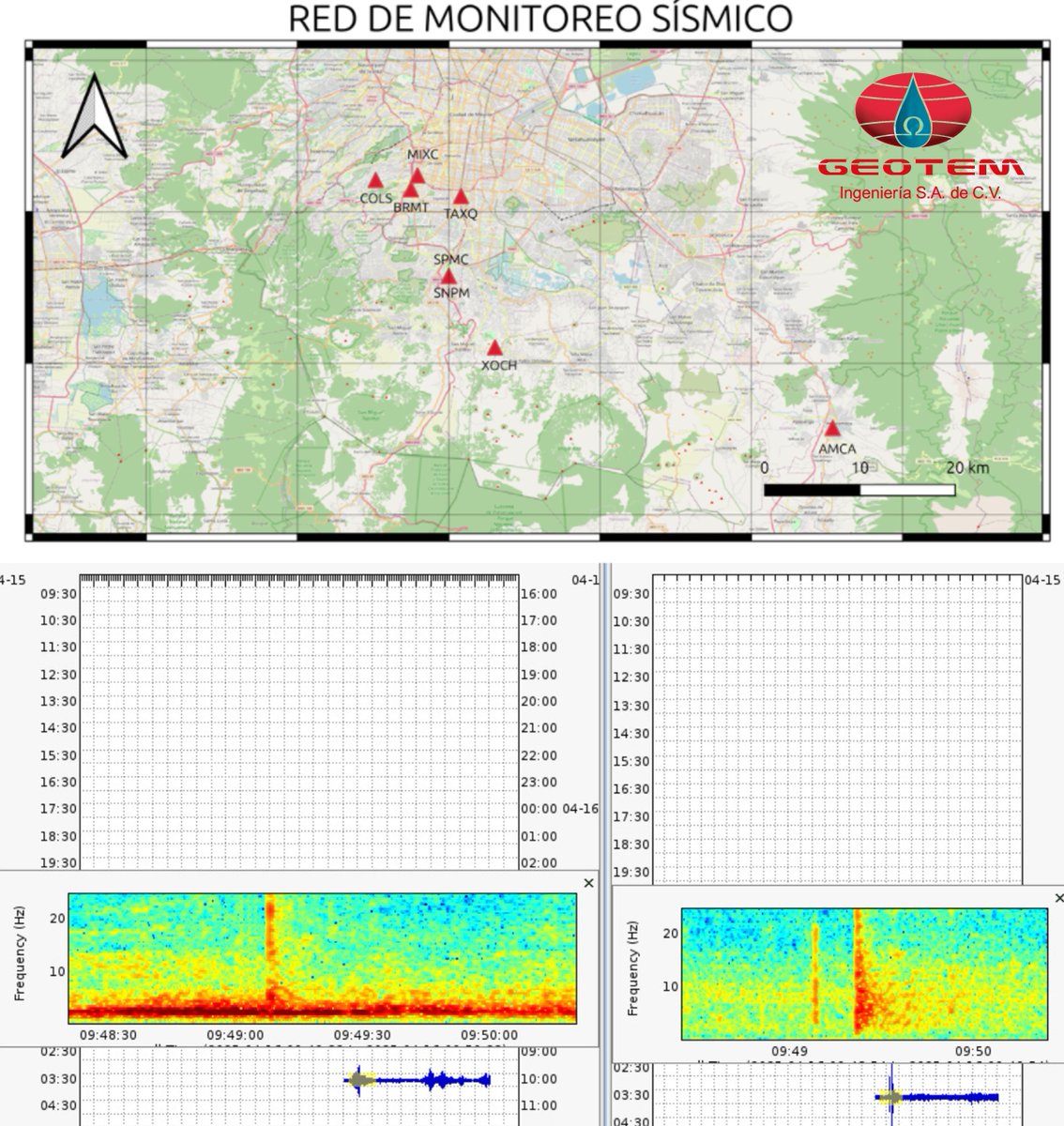 Registro de Evento  – 16 de Abril en CDMX y Edomex

Nuestras estaciones sismológicas detectaron un pulso de energía súbito asociado posiblemente a un bólido.

Este evento coincidió con reportes ciudadanos de un estruendo y vibración asociado a la explosión de este cuerpo.