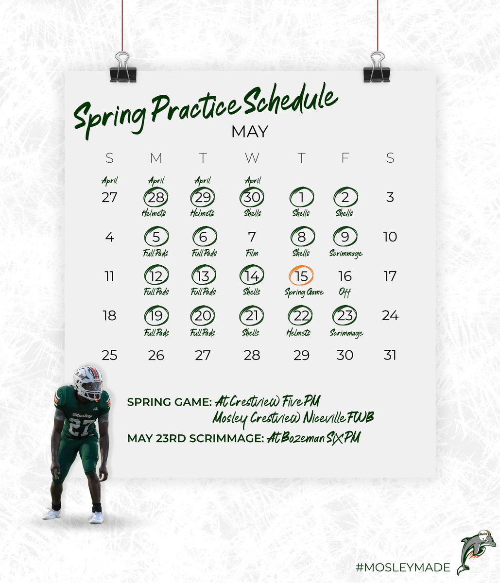 Mosley Football (@mosleydolphinfb) on Twitter photo Updated Mosley Football Spring Calendar
#MosleyMade
<a href="/ESPNPC1043/">ESPN Northwest Florida</a> <a href="/AdebanjiBamide1/">Banji Bamidele</a> Updated Mosley Football Spring Calendar
#MosleyMade
<a href="/ESPNPC1043/">ESPN Northwest Florida</a> <a href="/AdebanjiBamide1/">Banji Bamidele</a>