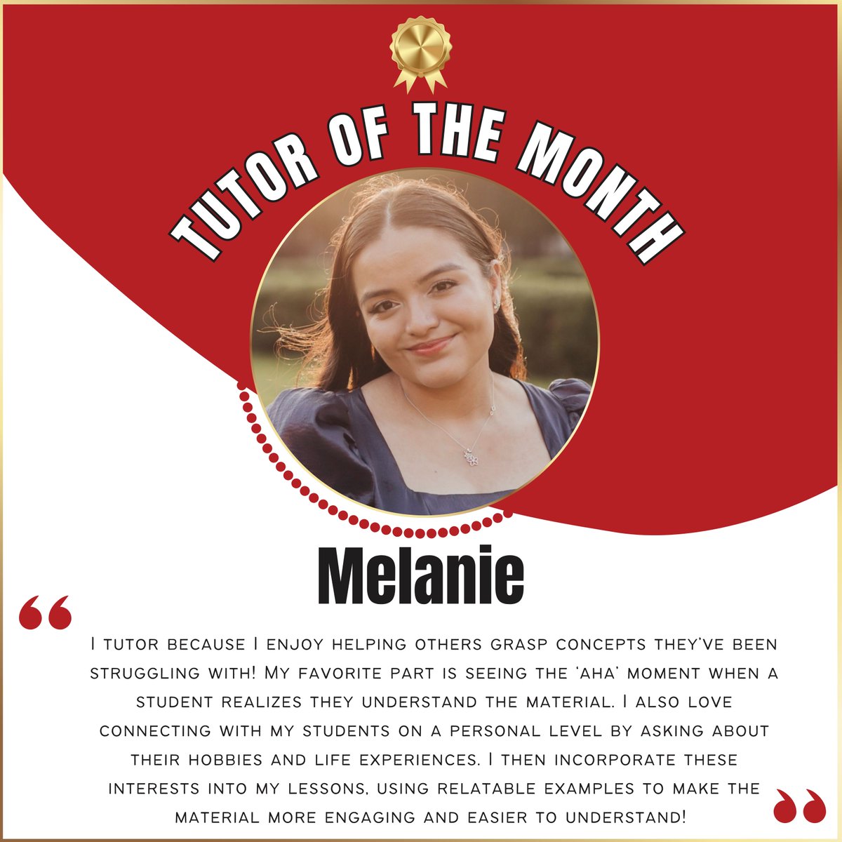 Kscholasticinc's tweet image. Tutor of the month goes to Melanie! Thank you for your hard work and dedication 🏆

#kscholastic #tutors #houstontutor #tutoring #education #tutoringservices #sattutor #finalexams #executivefunction #employeeofthemonth