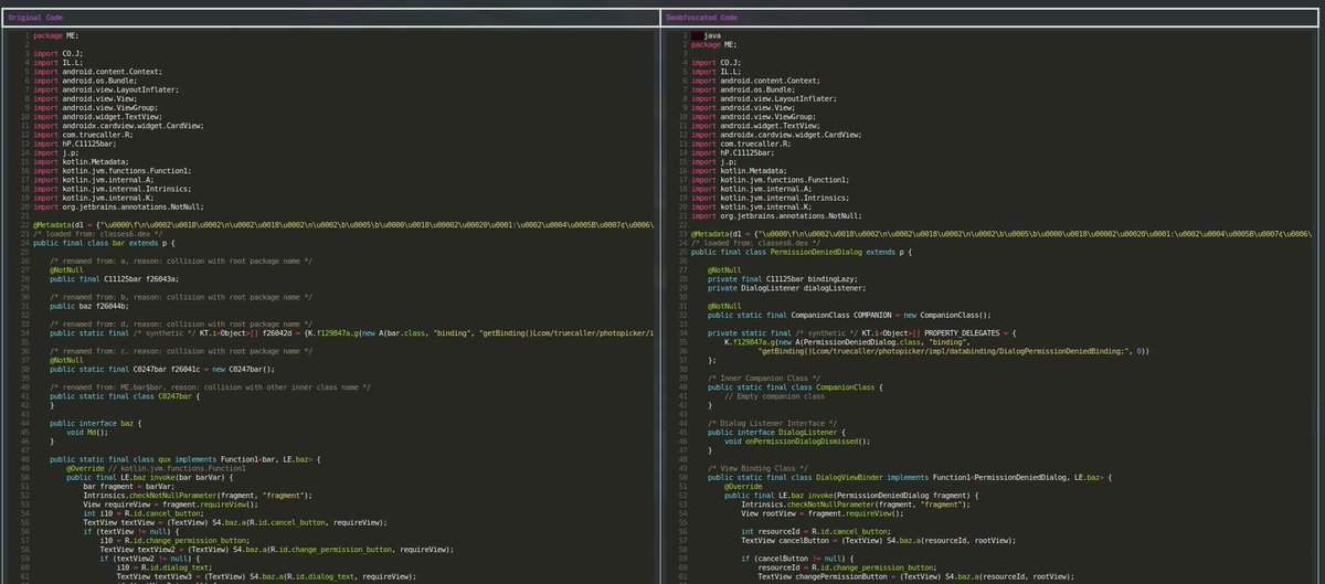 OstorlabSec's tweet photo. As part of an in-depth audit of a billion-user application, we spent that last 3 months looking at obfuscated code, going over methods with the names LIZZIZ, LIZIZZ, LIZZIZI. 

It couldn't have driven us more to insanity.

Obfuscation is a security measure, but paradoxically, it does affect the security of the app, obfuscated methods will requires weeks of analysis vs. hours by auditors and will result in security tools failing to detect findings as they can change the name of SDK APIs. Used to be rare, now the norm.

Our last research introduces DalvikFLIRT and LLM-powered deobfuscator.

If you want to know how to transform obfuscated gibberish into crisp clear readable code, hopefully the last article will bring some insights.

IMPORTANT: We do plan on open-sourcing the whole tool, so please reach out if you are interested in access the draft version: 

https://t.co/rtn0K3ZgER