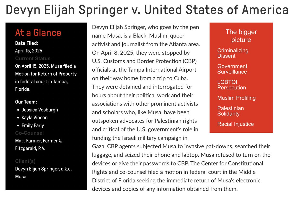 unityoffields's tweet photo. 🚨State repression against anti-imperialist organizers traveling to Cuba: "Devyn Elijah Springer, who goes by the  pen name Musa, is a Black, Muslim, queer activist and journalist from  the Atlanta area. On April 8, 2025, they were stopped by U.S. Customs  and Border Protection (CBP) officials at the Tampa International Airport  on their way home from a trip to Cuba. They were detained and  interrogated for hours about their political work and their associations  with other prominent activists and scholars who, like Musa, have been  outspoken advocates for Palestinian rights and critical of the U.S.  government’s role in funding the Israeli military campaign in Gaza. CBP  agents subjected Musa to invasive pat-downs, searched their luggage, and  seized their phone and laptop. Musa refused to turn on the devices or  give their passwords to CBP. @theCCR and  co-counsel filed a motion in federal court in the Middle District of  Florida seeking the immediate return of Musa’s electronic devices and  copies of any information obtained from them."
https://t.co/gLeziYuCzj