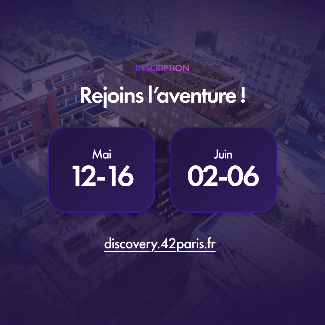 42born2code's tweet image. 💻 Cinq jours pour découvrir le code : bienvenue à la Piscine Discovery !

🗓️ Les deux prochaines sessions sont déjà ouvertes en Mai et en Juin.

➡️ Qu’attends-tu pour prendre ta place ? À tout de suite sur discovery.42paris.fr !

#42Paris #42Discovery