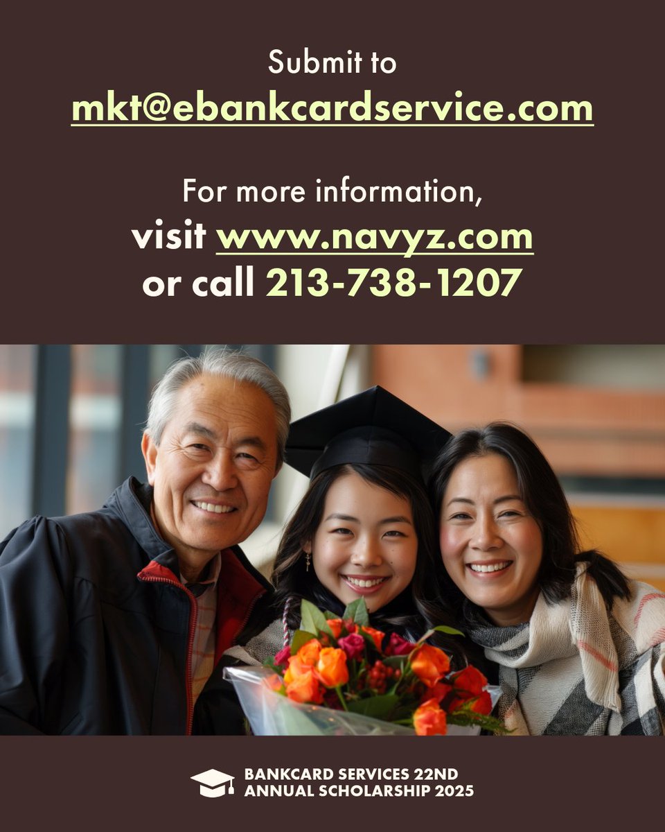 Don't forget to apply for BankCard Services' 22nd Annual Scholarship!⏰🎉

Applications due May 16th and can be found at NAVYZ.com🎓#NAVYZ #BankCardServices #Annual #Scholarship