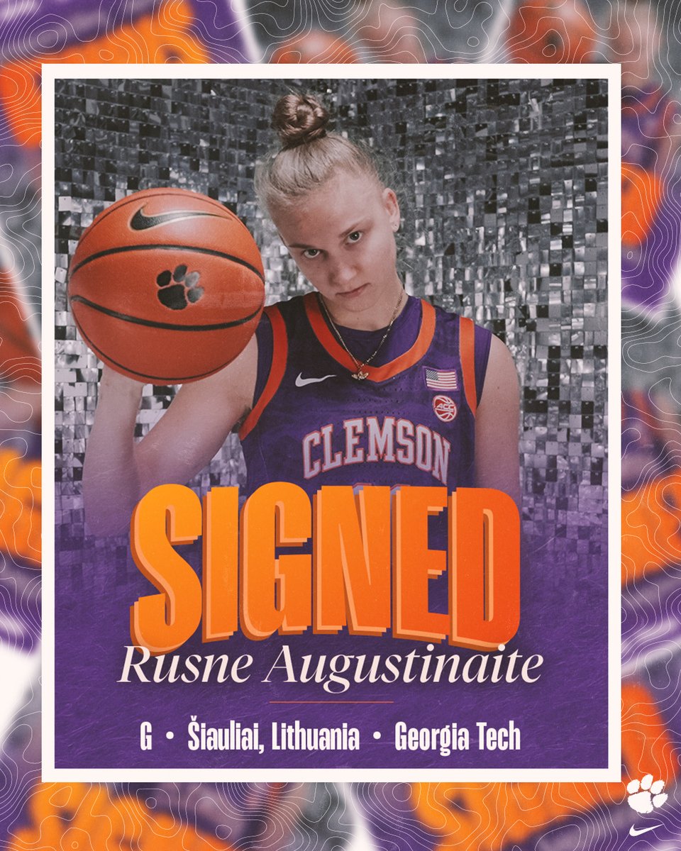 Clemson family, help us welcome Rusne Augustinaite to the 2025-26 squad! 

Coming from her hometown of Šiauliai, Lithuania, the incoming transfer from Georgia Tech appeared in 59 games with 17 starts for the Yellowjackets! Tiger fans please give your warmest welcome to Rusne🐅