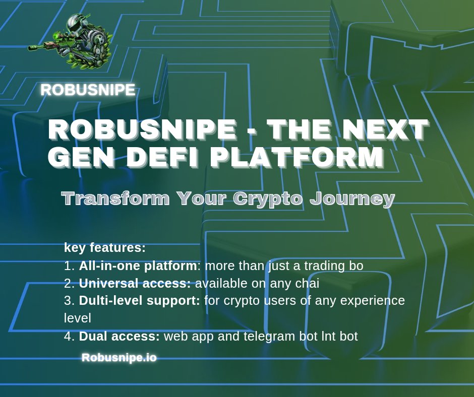 legitgracie's tweet image. Meet the future of DeFi! 

@robusnipe offers an all-in-one platform that&apos;s chain-agnostic, user-friendly for all levels, and accessible anywhere!

 Enjoy seamless trading via web app and Telegram bot. Your crypto journey just got a whole lot smarter! 

#Robusnipe #DeFi