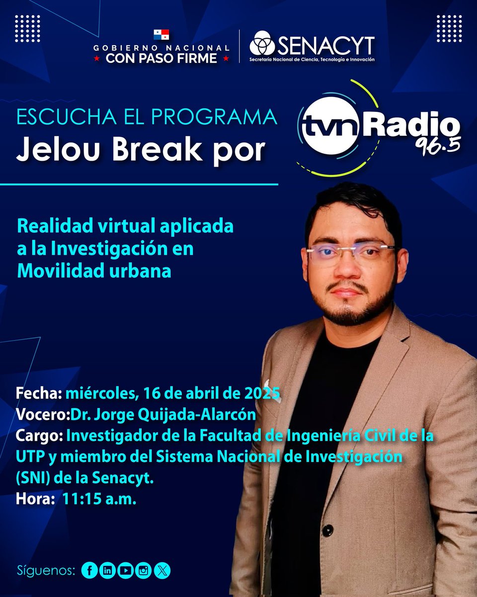 Senacyt Panamá (@senacyt) on Twitter photo No te pierdas hoy 16 de abril, el programa Jelou Break por TVN Radio en alianza con <a href="/senacyt/">Senacyt Panamá</a>.
Nos acompaña el Dr. Jorge Quijada-Alarcón.
🕚 Hora: 11:15 AM
📍 Frecuencia: 96.5 FM Panamá, Colón, Chiriquí y Bocas Del Toro.
96.7 FM provincias centrales. No te pierdas hoy 16 de abril, el programa Jelou Break por TVN Radio en alianza con <a href="/senacyt/">Senacyt Panamá</a>.
Nos acompaña el Dr. Jorge Quijada-Alarcón.
🕚 Hora: 11:15 AM
📍 Frecuencia: 96.5 FM Panamá, Colón, Chiriquí y Bocas Del Toro.
96.7 FM provincias centrales.
