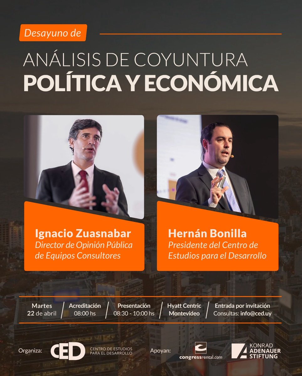 CED Uruguay (@ced_uy) on Twitter photo 📌¡Próximo martes!
<a href="/IZuasnabar/">Ignacio Zuasnabar</a>, director de <a href="/EquiposUy/">Equipos Consultores</a>, y nuestro presidente <a href="/Hernan_Bonilla/">Hernán Bonilla</a> presentan la situación política y económica del país y la región en nuestro primer Desayuno de Análisis de Coyuntura del año
22/04 - 08:00 hs
Hotel Hyatt Centric
Registro en info@ced.uy 📌¡Próximo martes!
<a href="/IZuasnabar/">Ignacio Zuasnabar</a>, director de <a href="/EquiposUy/">Equipos Consultores</a>, y nuestro presidente <a href="/Hernan_Bonilla/">Hernán Bonilla</a> presentan la situación política y económica del país y la región en nuestro primer Desayuno de Análisis de Coyuntura del año
22/04 - 08:00 hs
Hotel Hyatt Centric
Registro en info@ced.uy