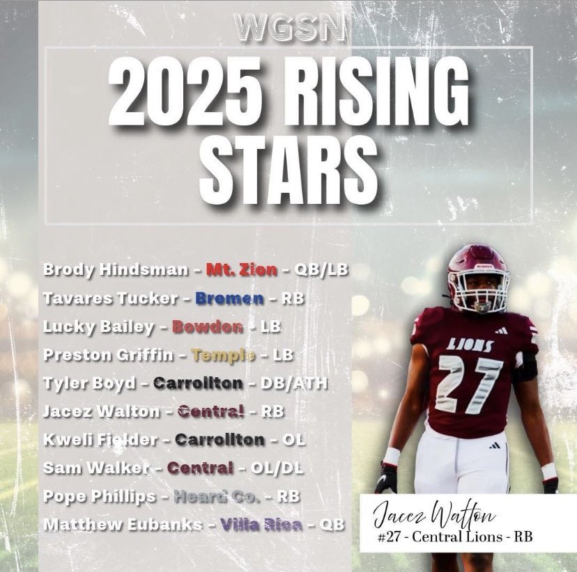 Jacez “MackTruck” Walton 2028 RB (@jacezwalton26) on Twitter photo Honored to be a Rising Star in the West Georgia area with <a href="/Matthew29990747/">Sam “BigSam” Walker</a> by <a href="/WGASportsNation/">West Georgia Sports-Nation</a>. Honored to be a Rising Star in the West Georgia area with <a href="/Matthew29990747/">Sam “BigSam” Walker</a> by <a href="/WGASportsNation/">West Georgia Sports-Nation</a>.