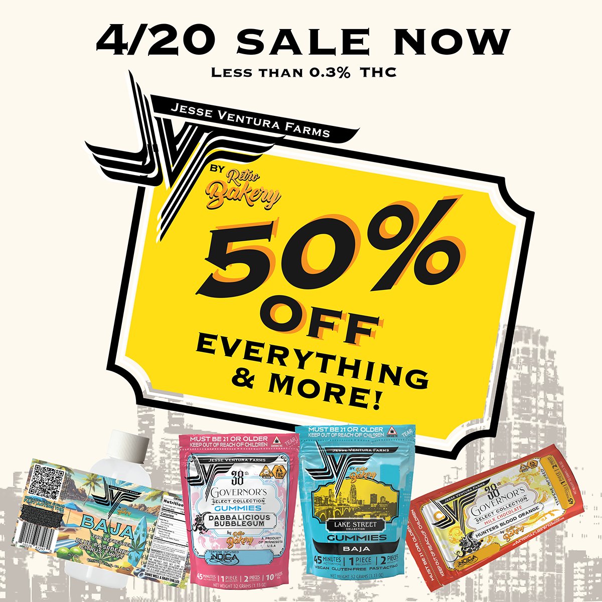 The big green holiday is upon us. Jesse Ventura Farms is cannabis with a purpose. Whether it’s for clarity, focus, or peace of mind, this 4/20 everything is 50% off, from Governor Select to Lake Street.
#420Sale #JesseVenturaFarms #Cannabis
