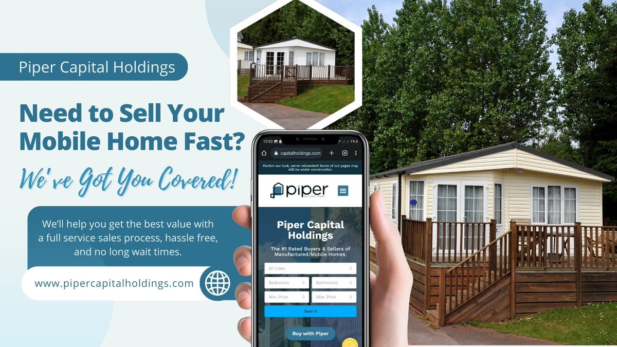 PiperCapital's tweet photo. Need to sell your mobile home fast? 
Piper Capital Holdings buys AS-IS, no repairs needed, cash offers in 24hrs, no fees or commissions.
Visit: https://t.co/N9ilbVOPuA
📞 (480) 447-1440
#SellFast #MobileHomeSale #RealEstateTips #PiperCapitalHoldings https://t.co/E1zPOLB0Ek