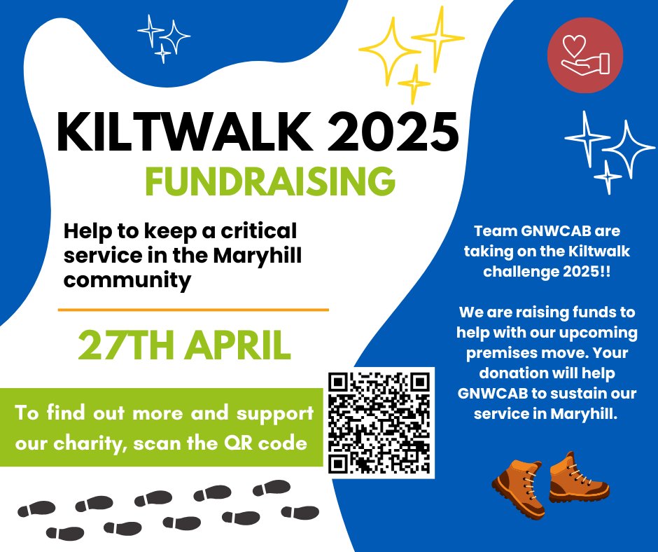 One week to go!!
We are raising essential funds for our charity and to help GNWCAB remain in Maryhill.
You can support us via our JustGiving page below. Thank you in advance 💛
justgiving.com/campaign/teamk…