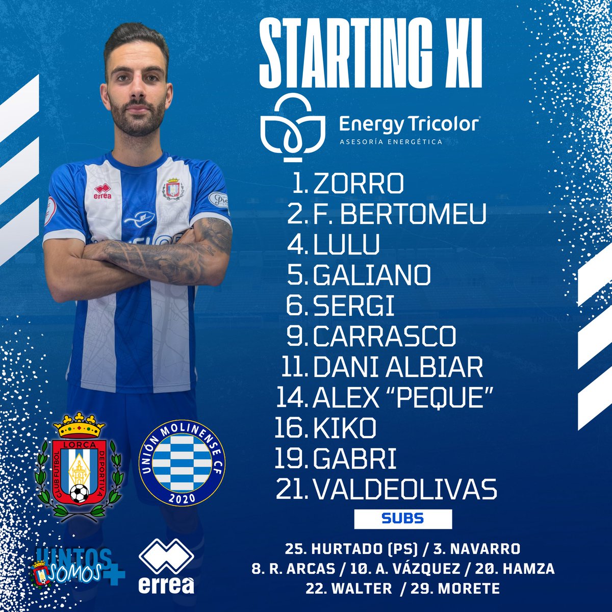 LorcaDptv_EN's tweet photo. STARTING XI |

📋 ¡𝗦𝘁𝗮𝗿𝘁𝗶𝗻𝗴 𝗫𝗜 𝙀𝙉𝙀𝙍𝙂𝙔 𝙏𝙍𝙄𝘾𝙊𝙇𝙊𝙍 🆚 @UnionMolinense !

#LorcaDeportivaMolinense 
#TogetherWeAreMore https://t.co/YZ61PnxKwe