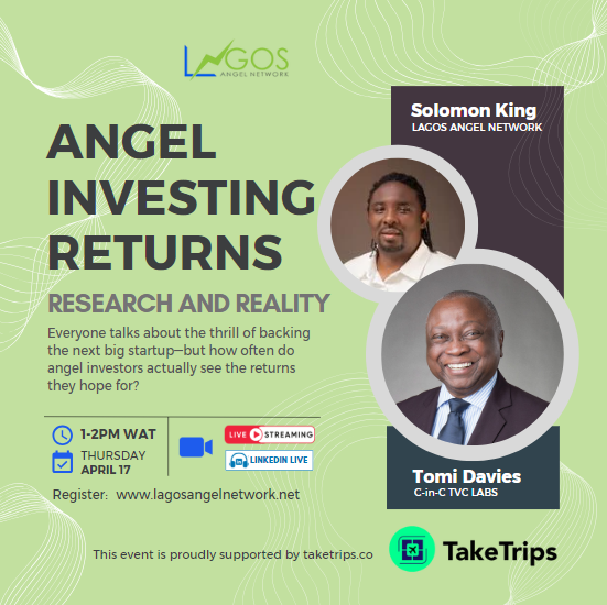 🚨 Happening TOMORROW!
Curious about real angel investing returns in Africa? 📉
Join <a href="/TomiDee/">TD</a>  &amp; Solomon King  as we unpack the data behind the hype.
🗓️ Thurs, Apr 17
 🕐 1–2PM WAT
 📍 Live: LinkedIn &amp; YouTube
🔗 Register: lnkd.in/e3iDSBNr
#AngelInvesting #LunchAndLearn