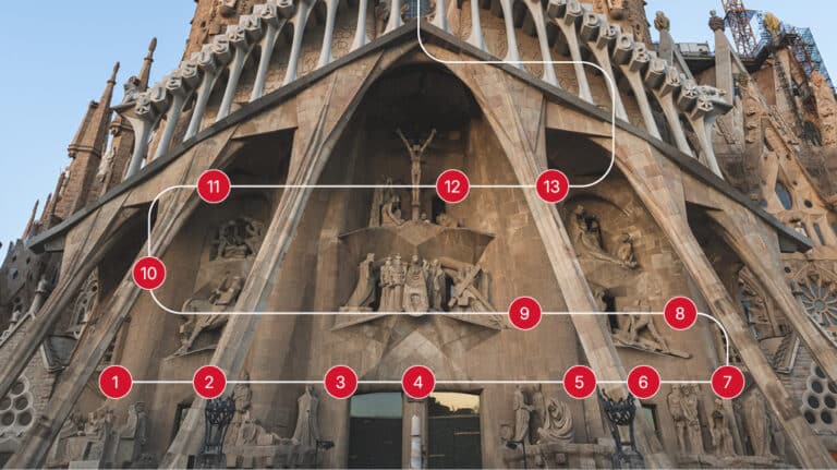 La fachada de la #Pasión de la Sagrada Familia rememora los últimos días de la vida de Jesús, desde la Última Cena hasta su resurrección. 

Se representan cronológicamente en el soportal inferior de la fachada en un recorrido en tres niveles que se inicia en el lado izquierdo y