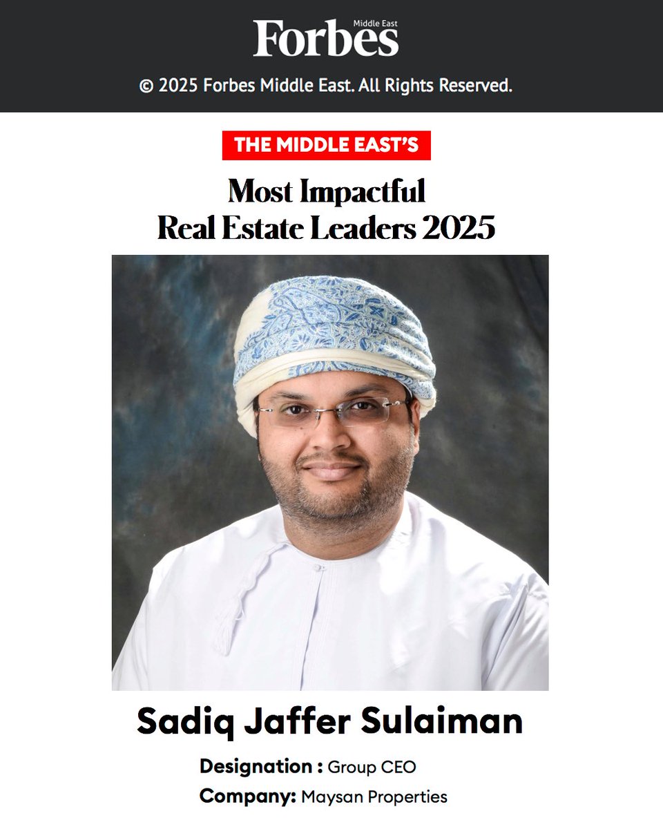 We’re incredibly proud to announce that our Group CEO, Sadiq Jaffer Sulaiman, has been recognized by Forbes Middle East as one of the Most Impactful Real Estate Leader for 2025!

This is his second consecutive year earning this distinction, a testament to his transformative