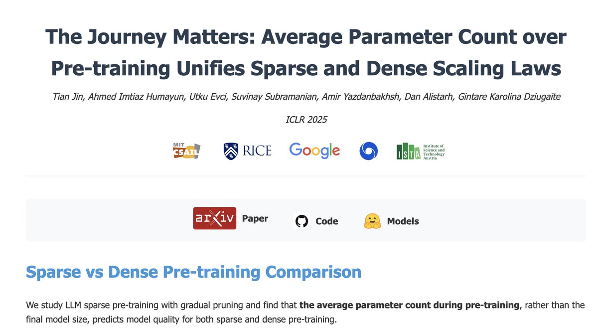 📣 The Journey Matters: Our #ICLR2025 paper shows how to pretrain sparse LLMs with half the size of dense LLMs while maintaining quality. We found that the average parameter count during sparse pre-training predicts quality, not final size. An MIT/Rice/Google/ISTA collab 🧵 1/N