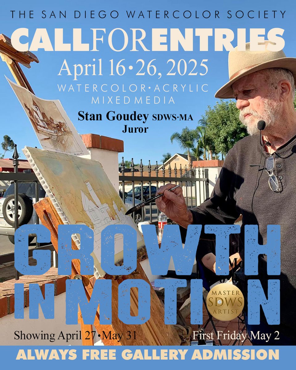 It's that time again!! 𝐂𝐚𝐥𝐥 𝐟𝐨𝐫 𝐄𝐧𝐭𝐫𝐢𝐞𝐬 for the SDWS May Show "Growth in Motion," juried by Stan Goudey SDWS MA!

Watercolor, acrylic and mixed media accepted.

Online Entry: 4/16 – 4/26
Exhibition Dates: 4/27 - 5/31

Enter now: sdws.org/shows.php?ID=88