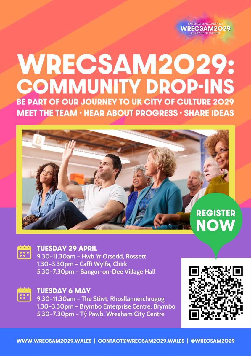 Join us at our Community Drop-ins taking place on 29th April and 6th May! 📣🧡

Meet the City of Culture Team🤝
Find out what UK City of Culture is all about📖
Hear about our progress so far✅
Share your ideas for the Wrecsam2029 UK City of Culture Bid💡

bit.ly/wrecsam2029eve…
