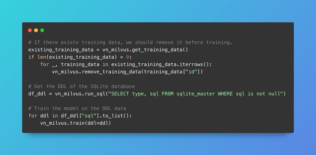 milvusio's tweet photo. Write SQL with @vannadotai and #Milvus 🤝

Last week, community member Deepak Jhanji presented a solution using Vanna AI and Milvus: A bot that generates SQL queries from natural language inputs, executes them, and provides results while allowing user feedback for continuous improvement.

🤝 This integration combines Vanna's RAG framework for SQL generation with Milvus, the advanced open-source vector database, creating a powerful tool that bridges natural language and database queries.

How It Works:
1. Train on your database schema, documentation, and example SQL queries
2. Ask questions in plain English
3. Execute the generated SQL against your database
4. Improve through user feedback

Key Benefits:
✅ Makes databases accessible to non-SQL experts
✅ Reduces time writing repetitive queries
✅ Produces reliable, contextually aware SQL
✅ Learns and improves over time

The project structure is simple, using Python connectors for the databases and a clean Streamlit interface. The system correctly interprets business context to generate appropriate queries.

⭐ Project repo: https://t.co/V6cucy3fxx
⚒️ Milvus docs: https://t.co/2Lzq2nIEZF