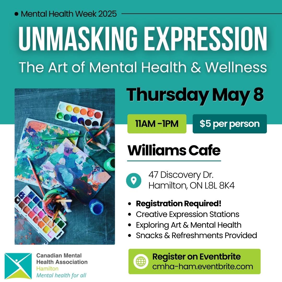 Interested in exploring your creative side and how it can help your mental health? Then join us on Thursday, May 8 as we are Unmasking Expression at Williams Cafe from 11 am to 1 pm Register on Eventbrite and #unmask your mental health!