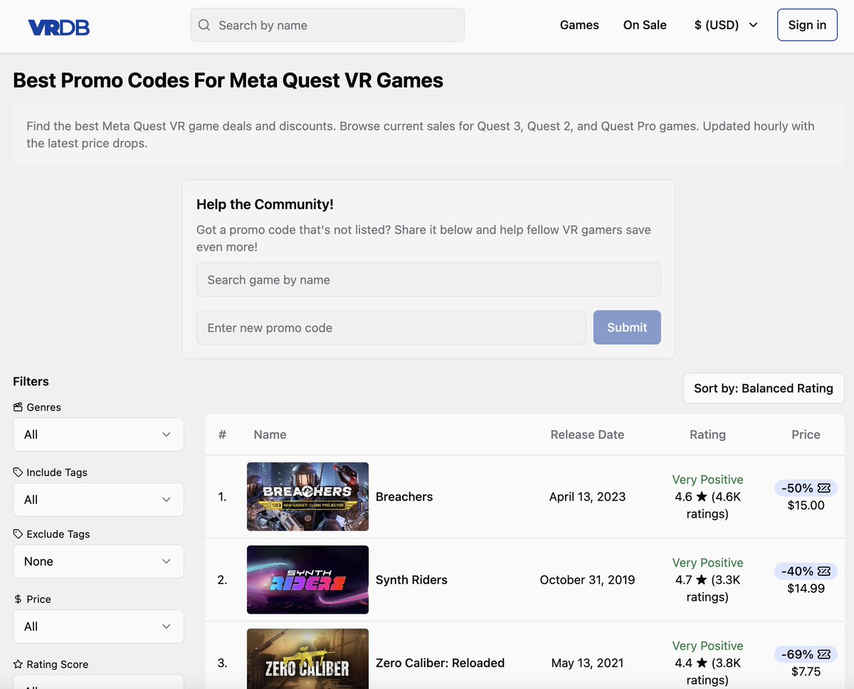 VRDB now supports promo codes for Meta Quest games!

🤑 We scan the web for the latest promo codes
📝 Users can also manually submit
🤖 We automatically check each promo code daily to make sure they are still valid (don't ask us how 🤫)

Check them out: vrdb.app/promo-codes