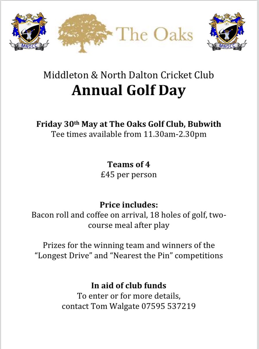 Golf Day! ⛳️ 

Our annual Golf Day will take place on Friday 30th May at The Oaks. 

This is a big fundraiser for the club so if you would like to enter a team or sponsor a hole, then please message the page or contact Tom Walgate on 07595 537219.

Please Share!