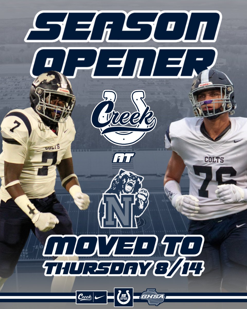 𝐓𝐡𝐮𝐫𝐬𝐝𝐚𝐲 𝐍𝐢𝐠𝐡𝐭 𝐋𝐢𝐠𝐡𝐭𝐬

Our season opener at Northwest Whitfield has been moved to Thursday, August 14th - Kickoff at 7:30pm