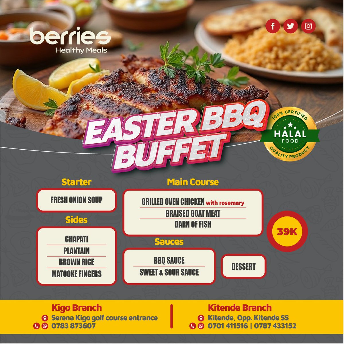 LaBerriesUG's tweet photo. 🍽️ Easter BBQ Buffet at Berries!
Start with French onion soup &amp; dive into grilled BBQ rosemary chicken, goat meat, darn of fish + Chapati, plantain, brown rice or matooke fingers &amp; dessert!
All for just 39k!
Celebrate Easter with flavor 🐣🔥
#Easter #Berries #BBQBuffet https://t.co/VmW7W02v64