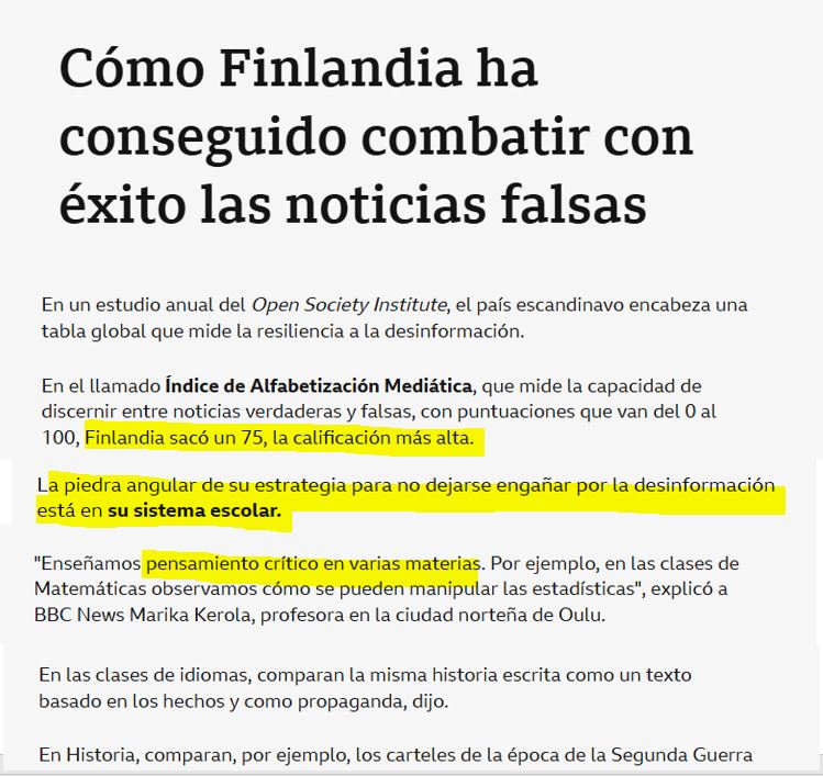 juliandezubiria's tweet image. Finlandia es elegido como el país mejor preparado para enfrentar las noticias falsas. La clave está en crear un sistema educativo que favorece el pensamiento y la lectura crítica. Esas son 2 competencias transversales que son trabajadas en todas las áreas. bbc.com/mundo/noticias…