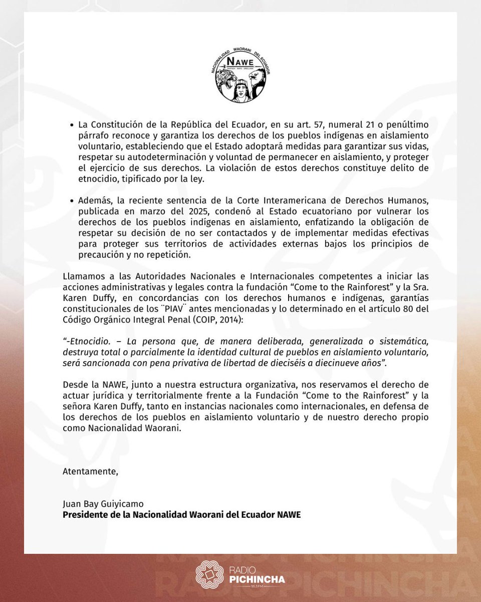 radio_pichincha's tweet photo. ⭕️ #ATENCIÓN | Juan Bay Guiyicamo, presidente de la Nacionalidad Waorani del Ecuador @nawe_org alerta una posible violación de derechos de los pueblos indígenas en aislamiento por parte de la fundación ‘Come to the Rainforest’, quienes estarían buscando “acciones de diálogo para establecer un ‘contacto pacífico’ con el pueblo Taromenane a través de interacciones e intercambio de recursos”. La NAWE hace un llamado las autoridades nacionales e internacionales competentes para iniciar las acciones administrativas y legales contra la fundación, señalando que los pueblos Taromenane se encuentran en situación de aislamiento (amparado por la Constitución) y viven en el territorio global Waorani y el Parque Nacional Yasuní.