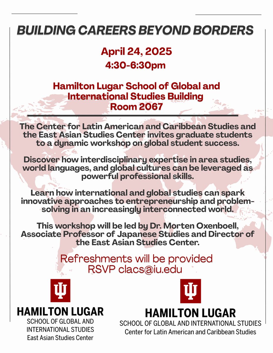 IUCLACS's tweet image. April 24th 4:30pm @hamiltonlugar 2067
Building Careers Beyond Borders - Graduate Student Workshop
Discover how expertise in area studies, world #languages, and global #cultures can be leveraged as professional skills. Led by Dr. Morten Oxenboell
RSVP events.iu.edu/bloomington/