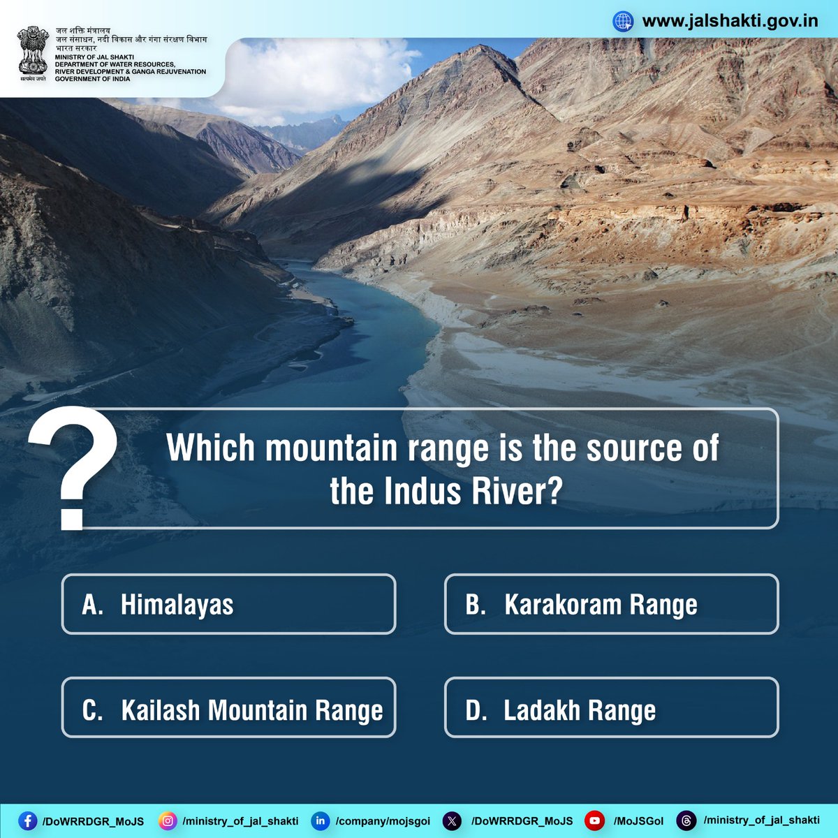 DoWRRDGR_MoJS's tweet photo. From which range of mountains does the Indus River begin its journey?
#IndusRiver #MountainRanges #RiverOrigins #GeographyFacts #NatureWonders #Himalayas #TibetanPlateau #RiverSource #EducationalContent #GeographyTrivia https://t.co/9eGJ1uqtIT