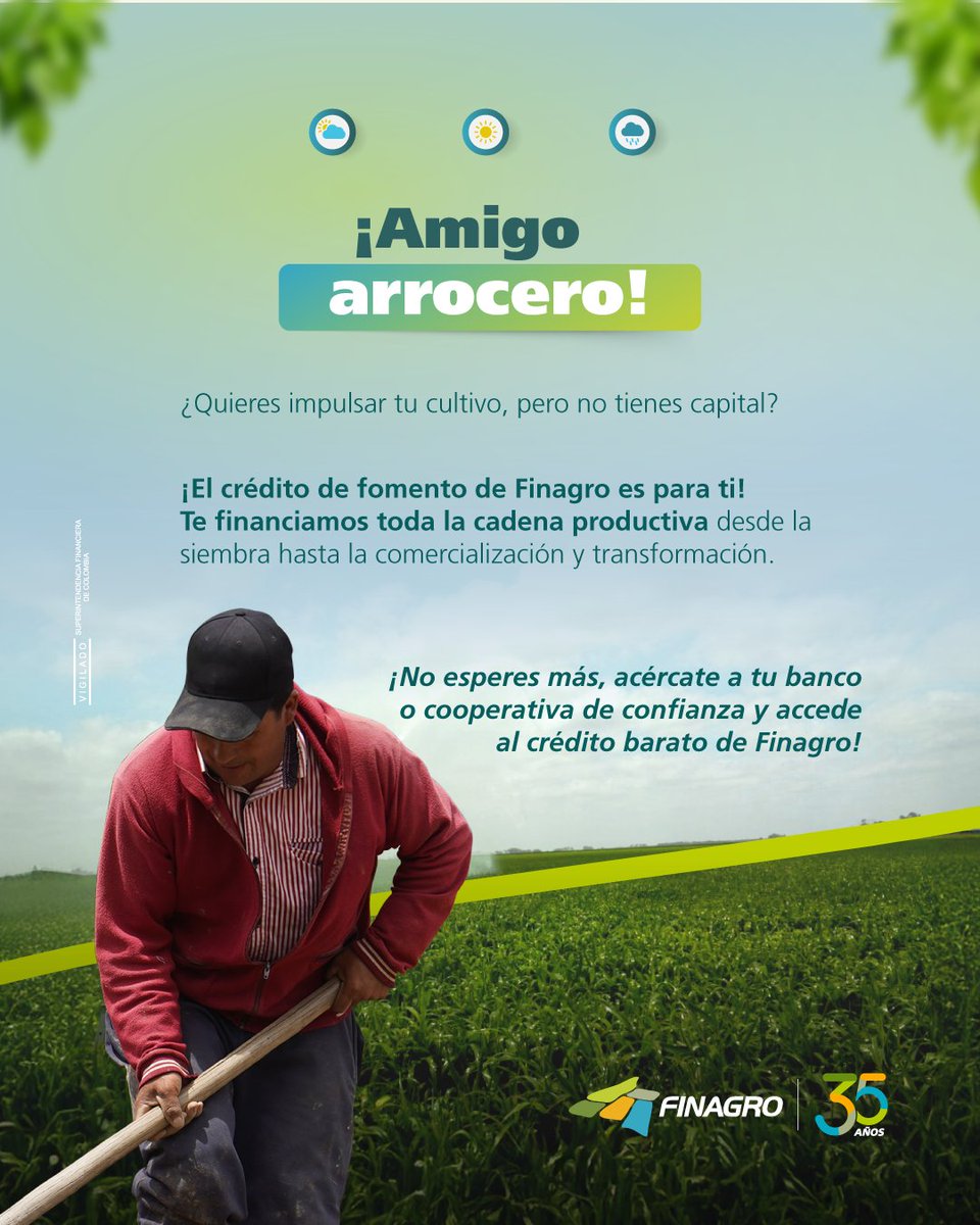 ¡Amiga y amigo arrocero! 🌾👩‍🌾🧑‍🌾

Si quieres impulsar tu cultivo pero necesitas capital, ¡no te preocupes! El crédito de fomento de Finagro es para ti. Te ayudamos a financiar toda la producción: siembra, cosecha, transformación y comercialización de tu arroz.🌱🚜🍚

No esperes