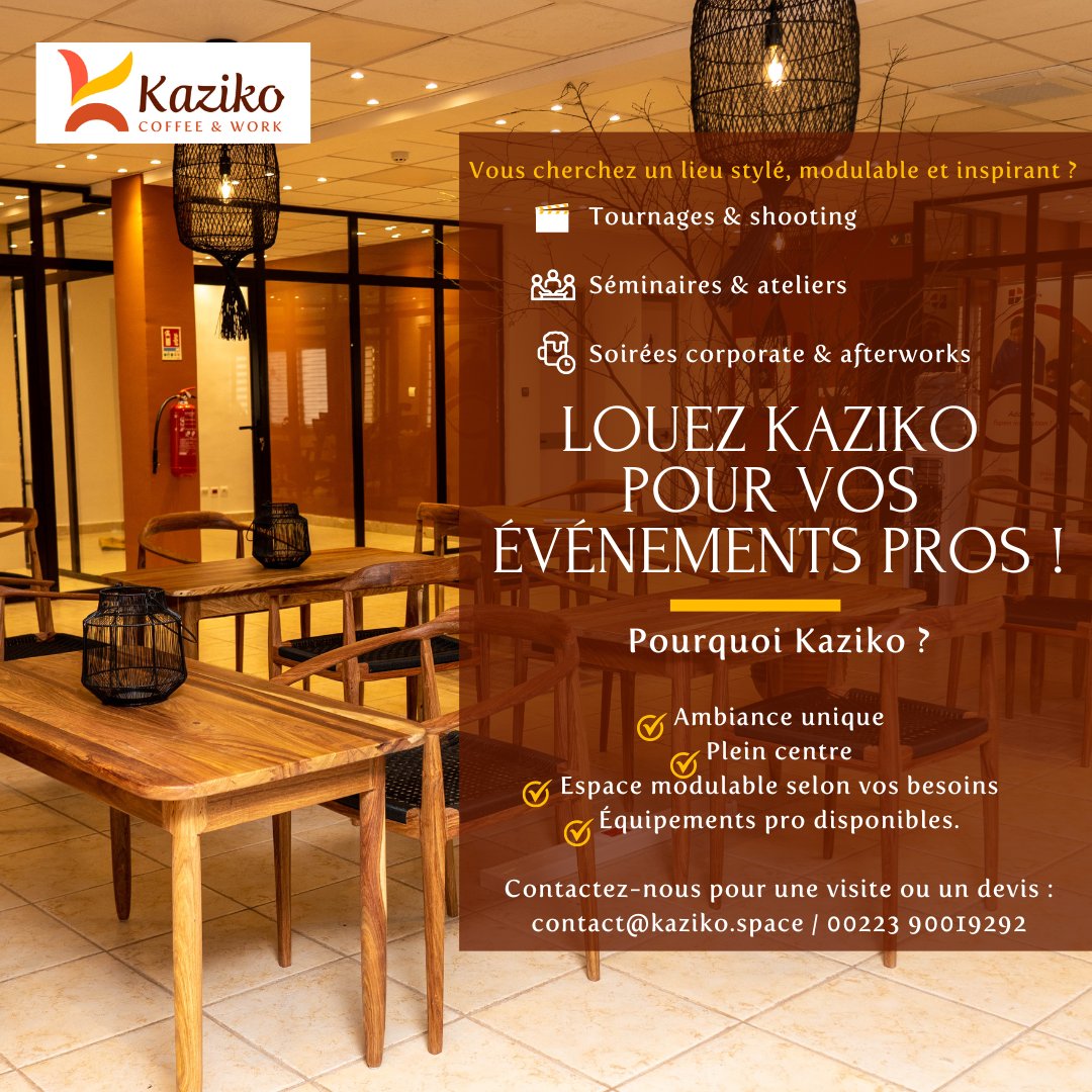 🎯 𝑽𝒂𝒍𝒐𝒓𝒊𝒔𝒆𝒛 𝒗𝒐𝒔 𝒑𝒓𝒐𝒋𝒆𝒕𝒔 𝒅𝒂𝒏𝒔 𝒖𝒏 𝒆𝒔𝒑𝒂𝒄𝒆 𝒑𝒆𝒏𝒔𝒆́ 𝒑𝒐𝒖𝒓 𝒍’𝒊𝒎𝒑𝒂𝒄𝒕 !
Kaziko met à votre disposition un lieu unique, modulable et inspirant, idéal pour:
👉Tournages professionnels
👉Séminaires et ateliers
👉Soirées corporate ou événements