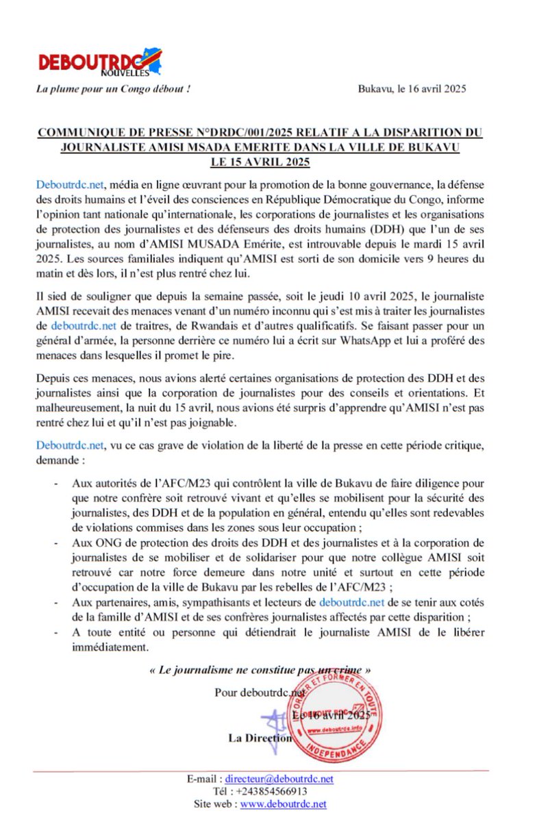etiennemulindwa's tweet photo. Sud-Kivu : le média #DEBOUTRDC https://t.co/VM7r22UMNN alerte sur la disparition d'un de ses journalistes Amisi Musaada @AmisiMusada à #Bukavu. Bientôt 48h sans avoir de ses nouvelles. Le #Journalisme n'est pas un crime. @DefendDefenders @jedkinshasa free Amisi https://t.co/5VlpUTGCv2