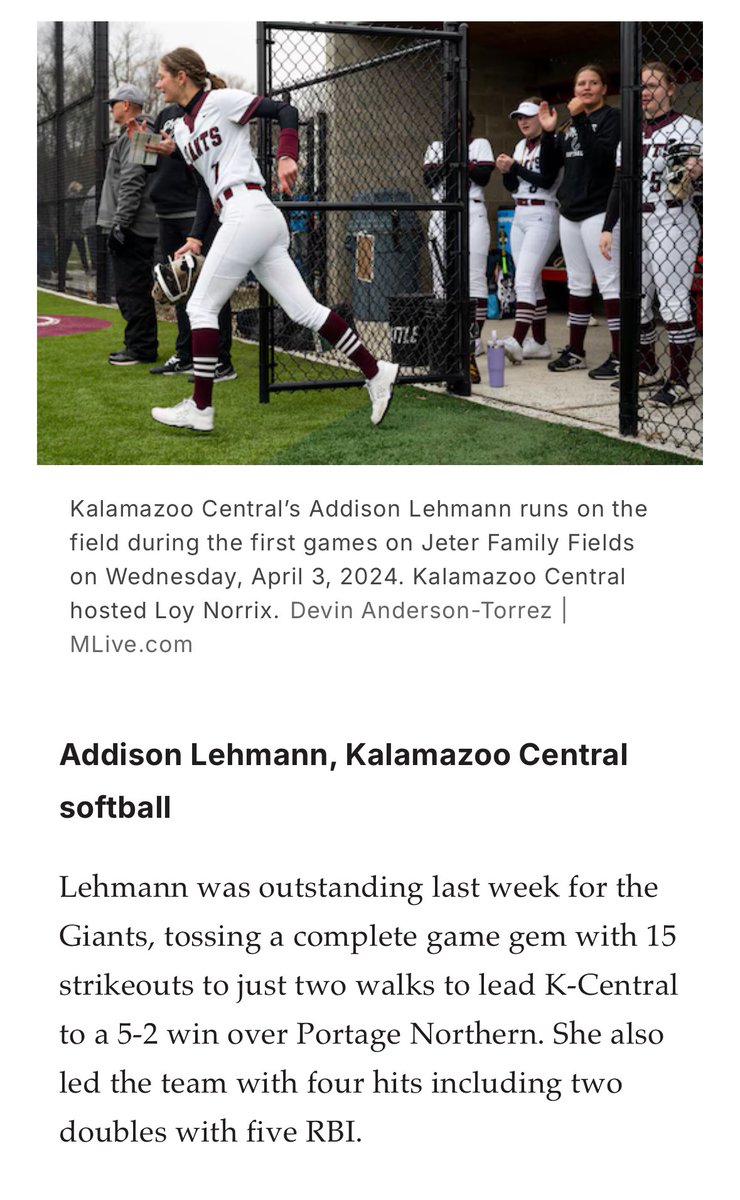 addison_lehmann's tweet photo. Thanks @MLiveSports for the shout out in this week’s player of the week. https://t.co/lcRttiDph2
