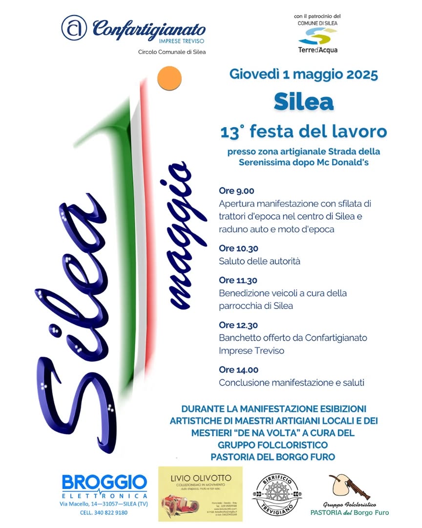#1maggio a #Silea - 13° #FestadelLavoro 
Vi aspettiamo giovedì, dalle ore 9:00 alle 14:00, presso la Zona Artigianale Strada della Serenissima a Silea, per una bellissima kermesse, in occasione delle celebrazioni del #PrimoMaggio.

Durante la manifestazione potrete assistere a