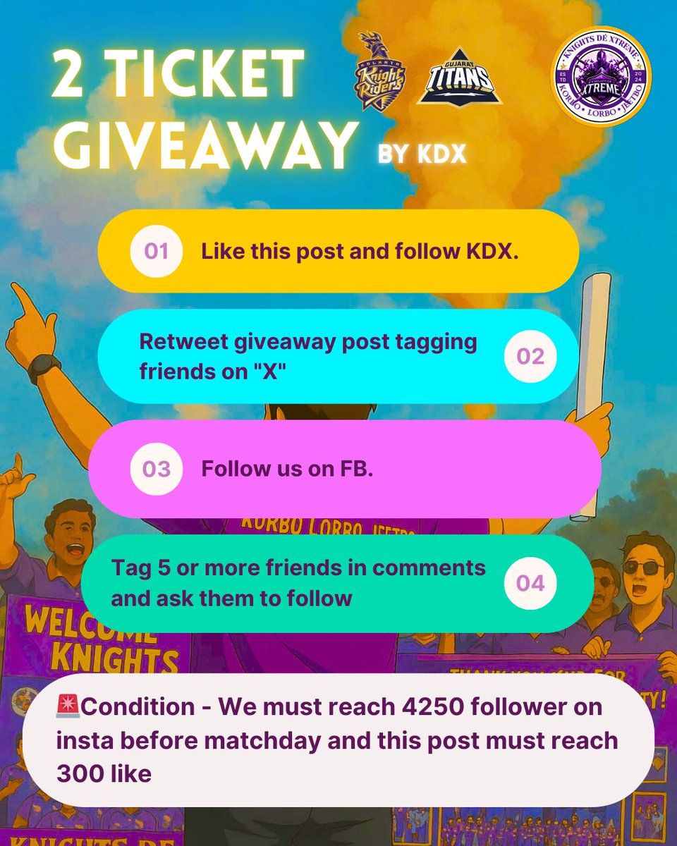 Knightsdextreme's tweet photo. 🚨 Giveaway alert 🚨
We will give 2 match tickets  of KKR vs GT (T&amp;C applied) https://t.co/ZISmOqep97