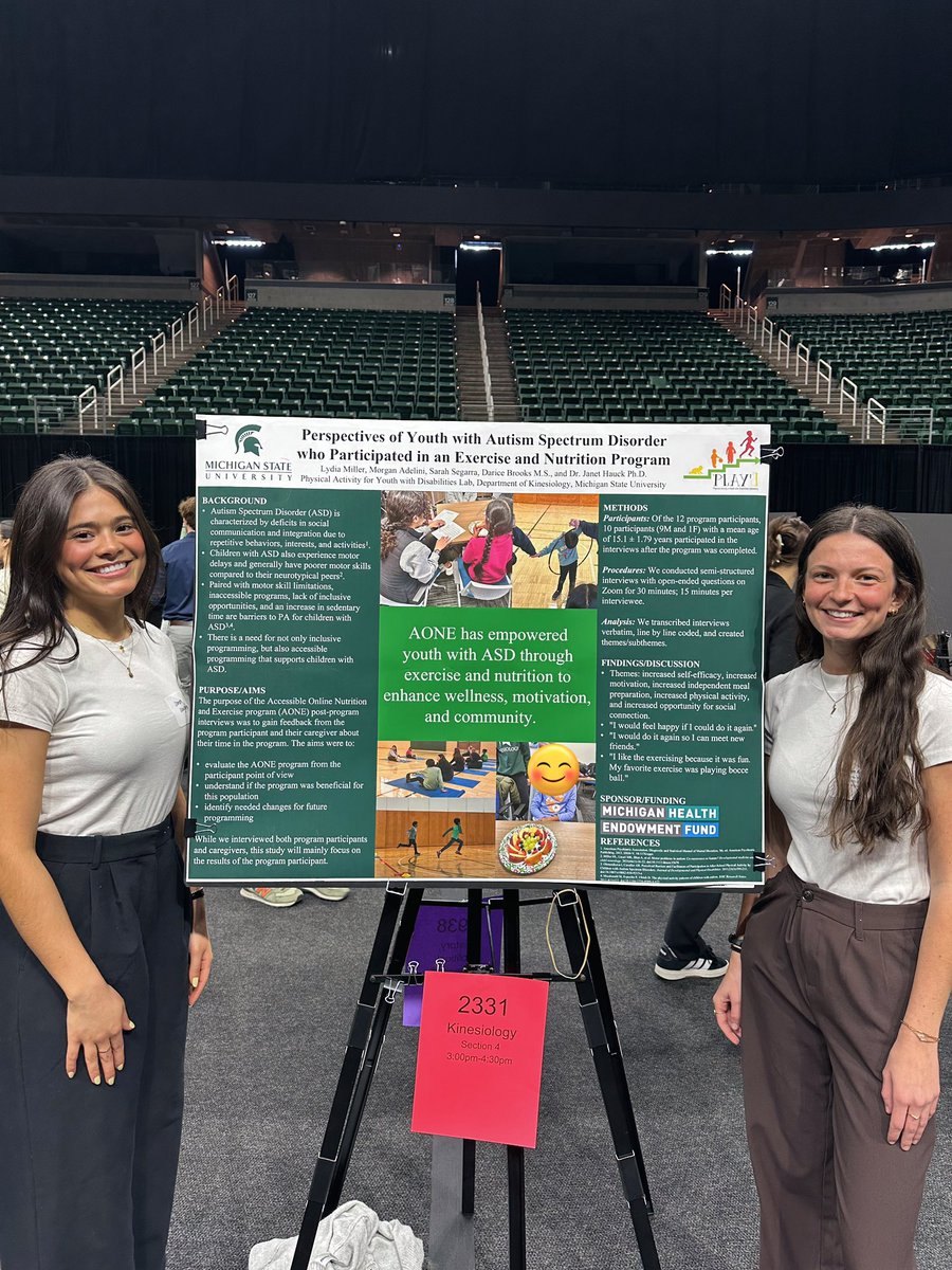 PLAYd_MSU's tweet photo. Immensely proud of UGRAs Sarah, Morgan, and Lydia (not pictured) for presenting some qualitative findings from an exercise and nutrition program for youth with ASD we’ve been running. These ladies spoke so well at #UURAF this last Friday and their poster received 1st place🏅 https://t.co/BY5UCsCNcb