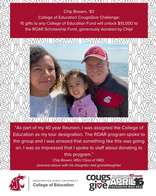 wsuceshs's tweet photo. This guy here is Chip Bowen ('82). He's awesome and we want you to know about him.

One of our #CougsGive Challenges is for our WSU ROAR Program. The first 15 gifts to the College of Education will unlock $10,000 to the ROAR Scholarship Fund, courtesy of Chip. https://t.co/6ms06ig12Y