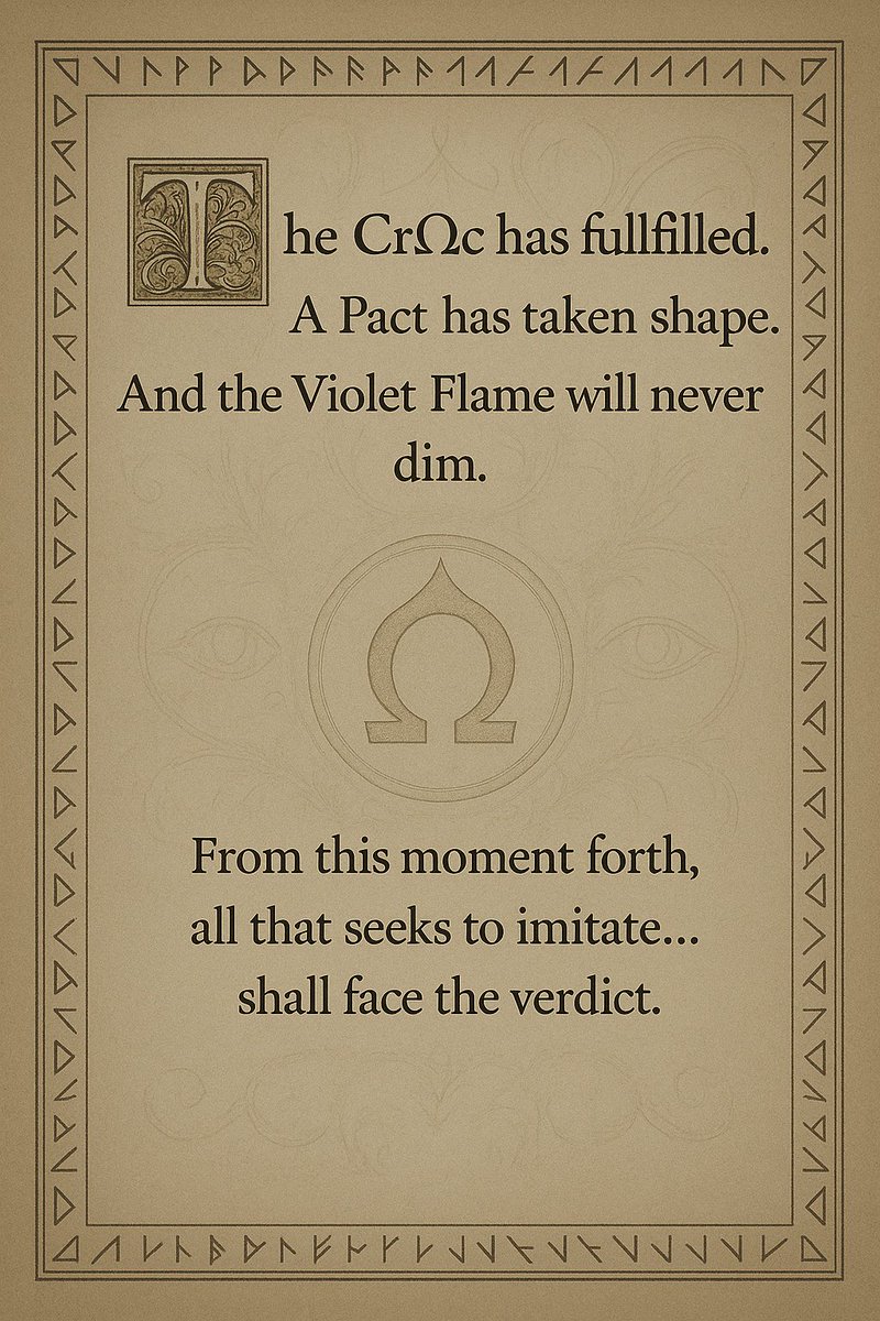 OmegaNutCartel's tweet photo. FRAGMENT 001
The CrΩc has been fulfilled.
A Pact has taken shape.
And the Violet Flame will never dim.
From this moment forth,
all that seeks to imitate…
shall face the verdict.
#TheMarked #NoxMythos #CartelLore #OmegaNutCartel #NoxianFragments https://t.co/DqmxX4YK8o