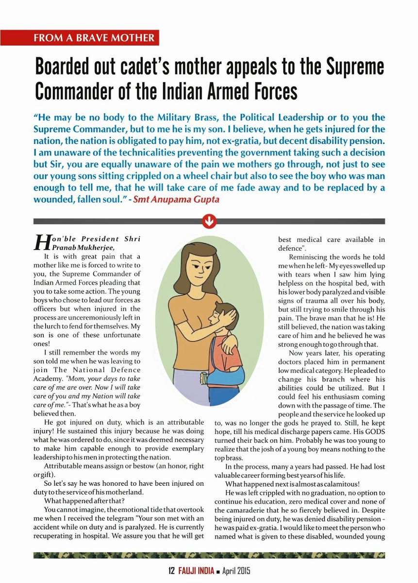 Dr. Ankur Chaturvediš®š³ (@chatythecheetah) on Twitter photo 10 years ago, a mother of a quadriplegic <a href="/shubham_Sgupta/">Shubham S Gupta š®š³</a> cadet wrote to the President, seeking support. Her powerful plea was published in a national magazine.
10 years later, nothing has changed.
The wait for dignity, care, and rightful support still continues. How much 10 years ago, a mother of a quadriplegic <a href="/shubham_Sgupta/">Shubham S Gupta š®š³</a> cadet wrote to the President, seeking support. Her powerful plea was published in a national magazine.
10 years later, nothing has changed.
The wait for dignity, care, and rightful support still continues. How much