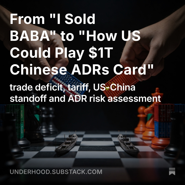 I recently sold $BABA.

I outlined my thought process, covering the trade deficit, tariffs, US-China standoff, and how Chinese ADRs fits into the complex landscape.

I received pushback esp. citing ADRs fungibility as delisting risk mitigation. I also covered that. 

Link in bio