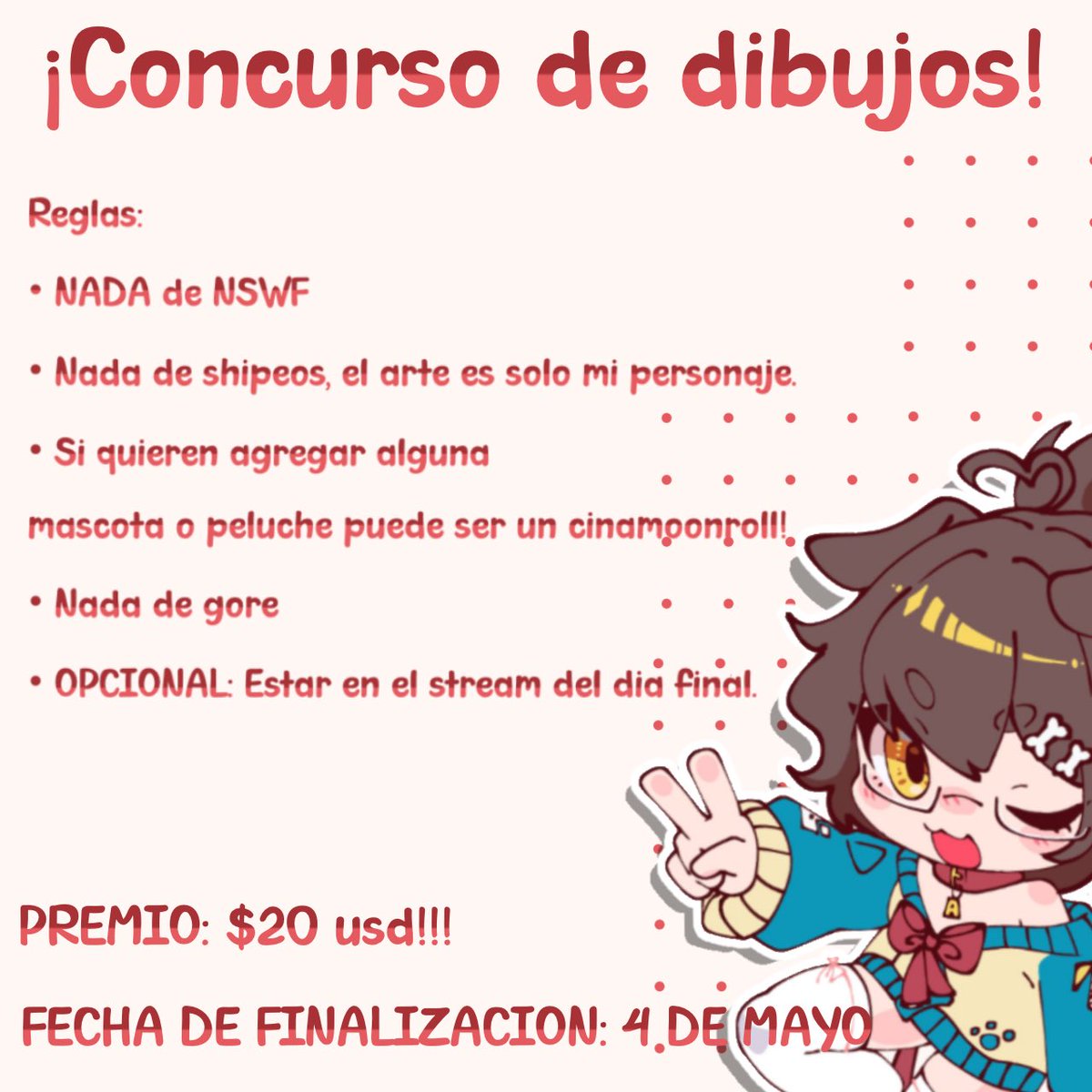 CONCURSO DE DIBUJO!!

PREMIO: $20 USD!

Como participar:

• Realizar el arte correspondido sin romper alguna regla
• Utilizar el #FanartAsu y etiquetarme (no cuenta citar el tweet)
• Dar Retweet y Me gusta a este tweet
• BONUS EXTRA: Seguirme en twitter y twitch.

Mas info⬇️