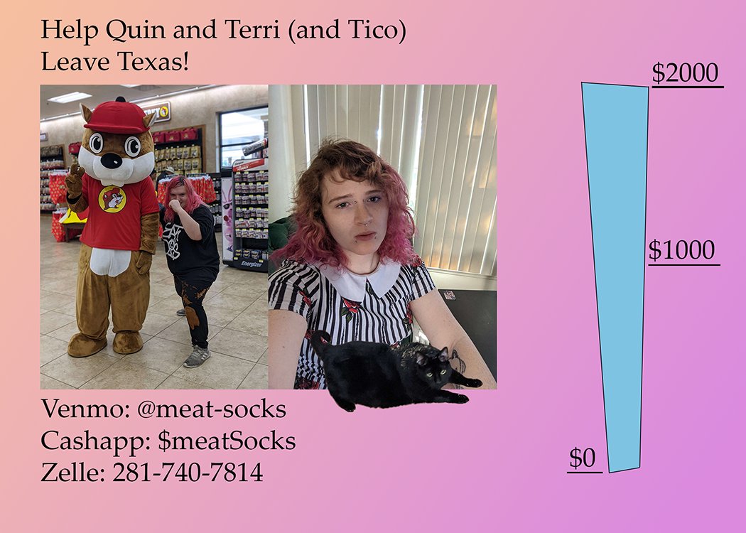 Hey y'all

I lost my job last month and am in a sudden and precarious situation. Most of my savings have been funneled into managing my chronic health issues so I'm very close to broke. My girlfriend's family is letting us stay with them, but we need money to rent a U-Haul.