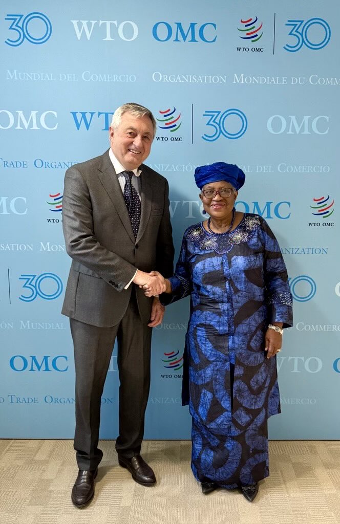 NOIweala's tweet photo. Saying goodbye to a trusted and experienced ambassador who brought a lot of dignity to the job. Thank you Ambassador Álvaro Moerzinger for your years at the WTO holding high the Uruguay Standard. https://t.co/a1L7LsaP6I