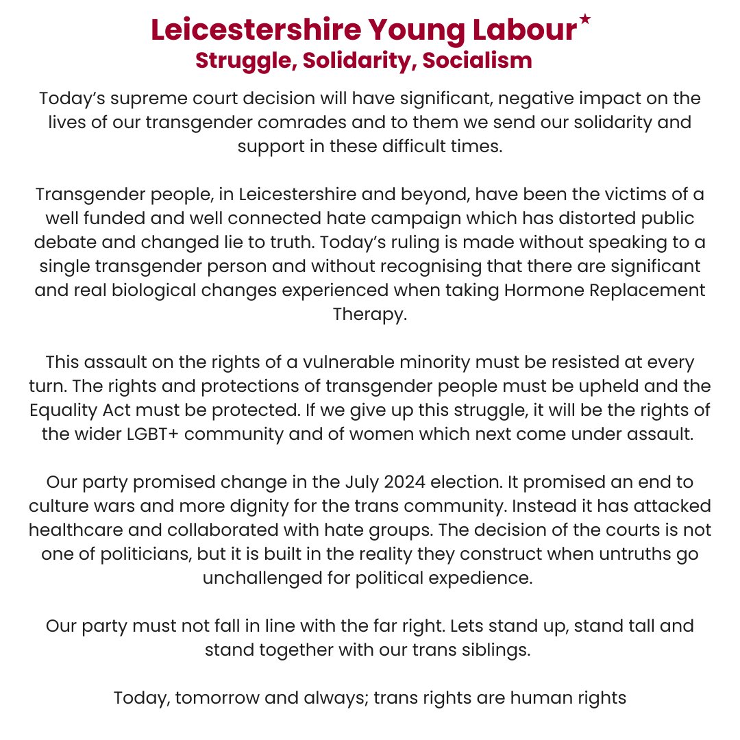 Our statement in solidarity with the trans community after today’s Supreme Court ruling.

Today, tomorrow and always; trans rights are human rights 🏳️‍⚧️